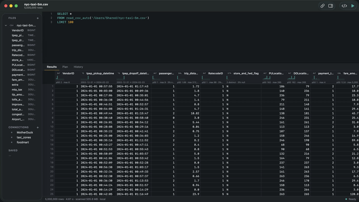 A 5,000,000 row CSV open in Datapuddle on macOS, the row count in the window title, every column listed in the sidebar and the rows in a scrollable grid.