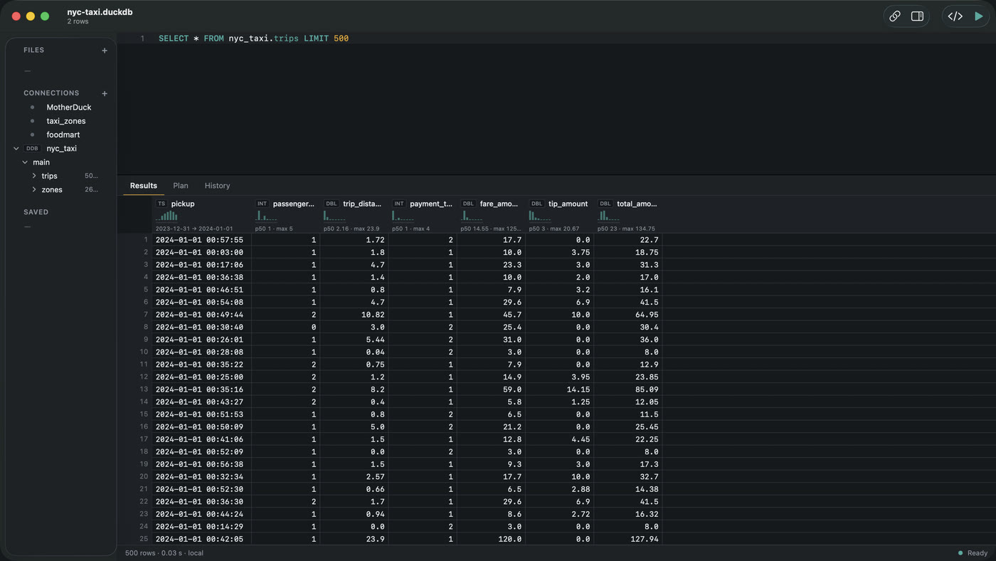A .duckdb database open in Datapuddle, its schema expanded in the sidebar to show the tables inside it, one of them queried by name in the editor.